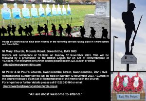 Remembrance services in Greenhithe & Swanscombe. @ St Peter & St Pauls Church and St Marys Church.